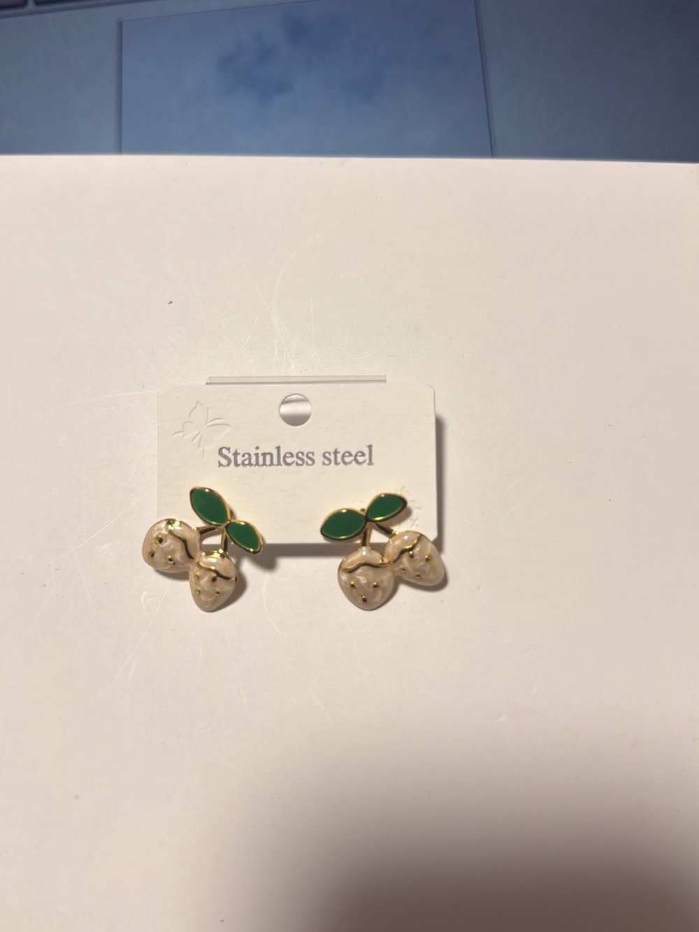 Stainless Steel Green Leaf & Cream Cherry Stud Earrings